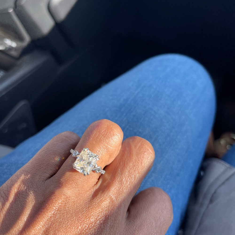 Radiant cut moissanite ring